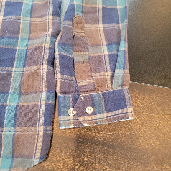 Vintage Rough Stock Panhandle Slim sz 15 1/2 -34 Brown Blue Plaid Button Shirt - Picture 8 of 9